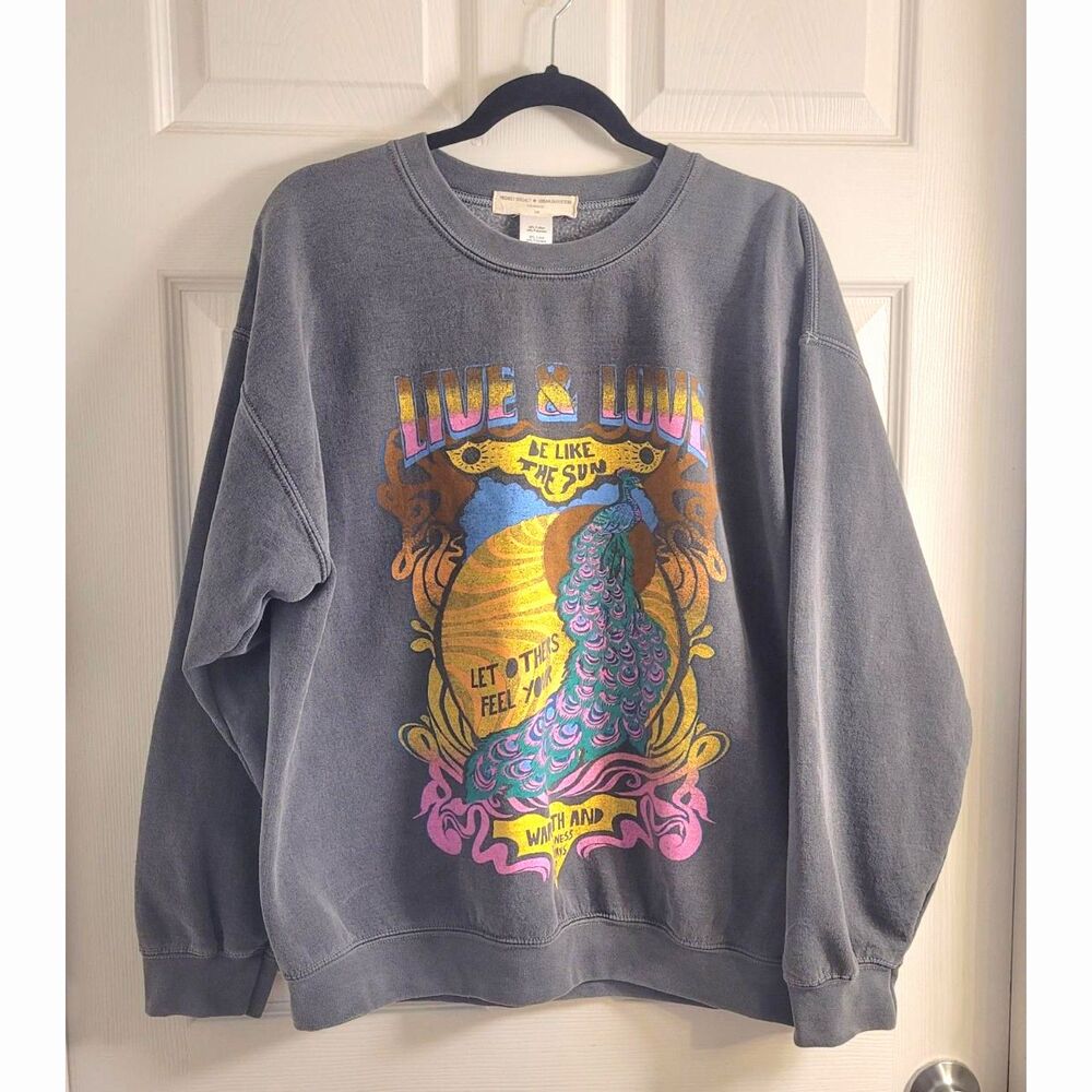 Project Social T UO S/M Peacock Graphic Sweatshirt Boho Oversized Retro Grunge